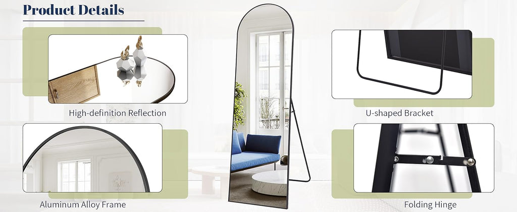 64"x21" Arch Floor Mirror, Full Length Mirror, Wall Mirror Hanging or Leaning, Arched-Top Full Body Mirror with Stand