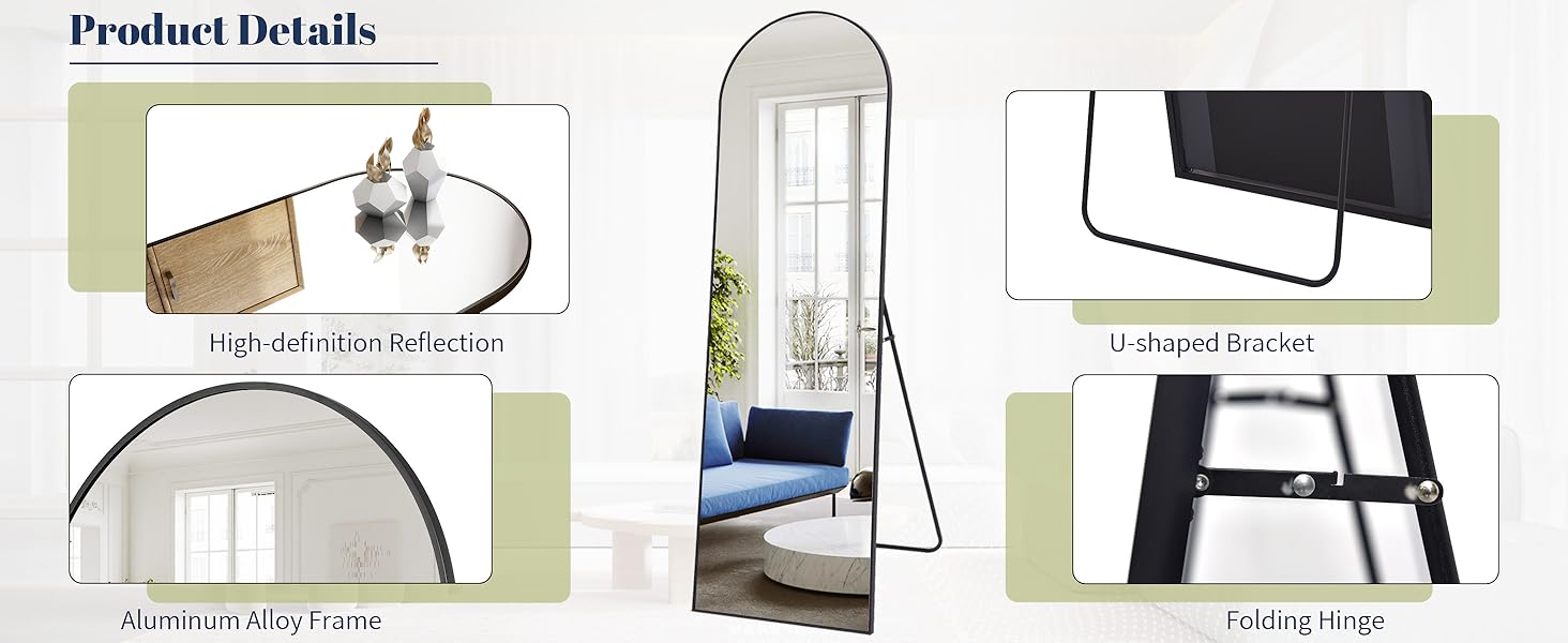 64"x21" Arch Floor Mirror, Full Length Mirror, Wall Mirror Hanging or Leaning, Arched-Top Full Body Mirror with Stand
