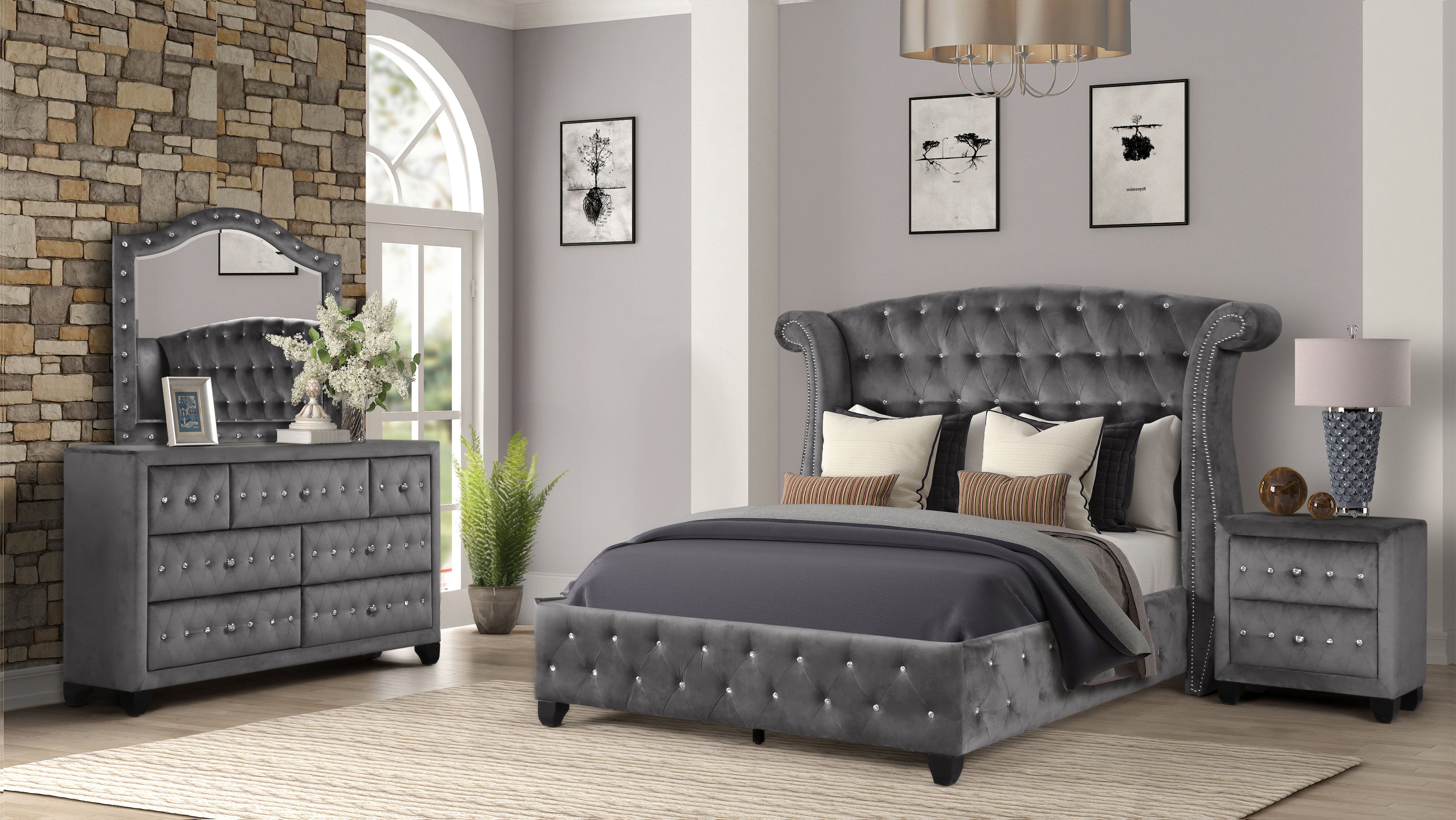 Modern Style Velvet Upholstered Bedroom Set