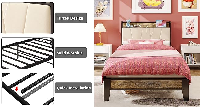 Twin XL/Full/Queen/California King Bed Frames, Storage Headboard with Charging Station, No Box Spring Needed