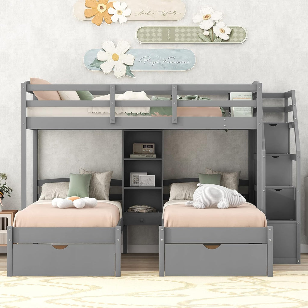 Harper & Bright Designs Woodentriple Bunk Beds With Stairs & Storage Drawers,Twin Over Twin Bunk Bed For 3 Kids, 3 Bunk Beds