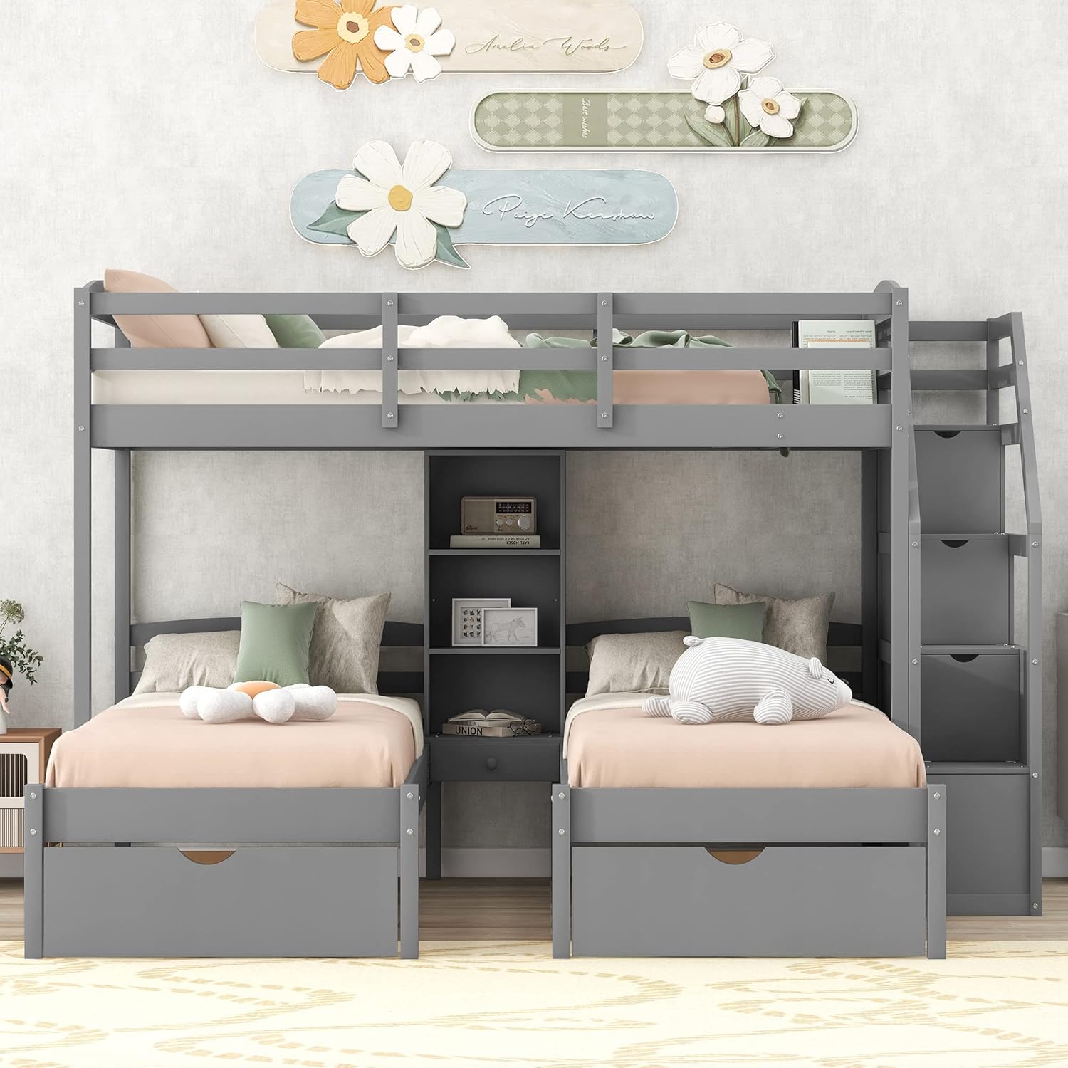 Harper & Bright Designs Woodentriple Bunk Beds With Stairs & Storage Drawers,Twin Over Twin Bunk Bed For 3 Kids, 3 Bunk Beds