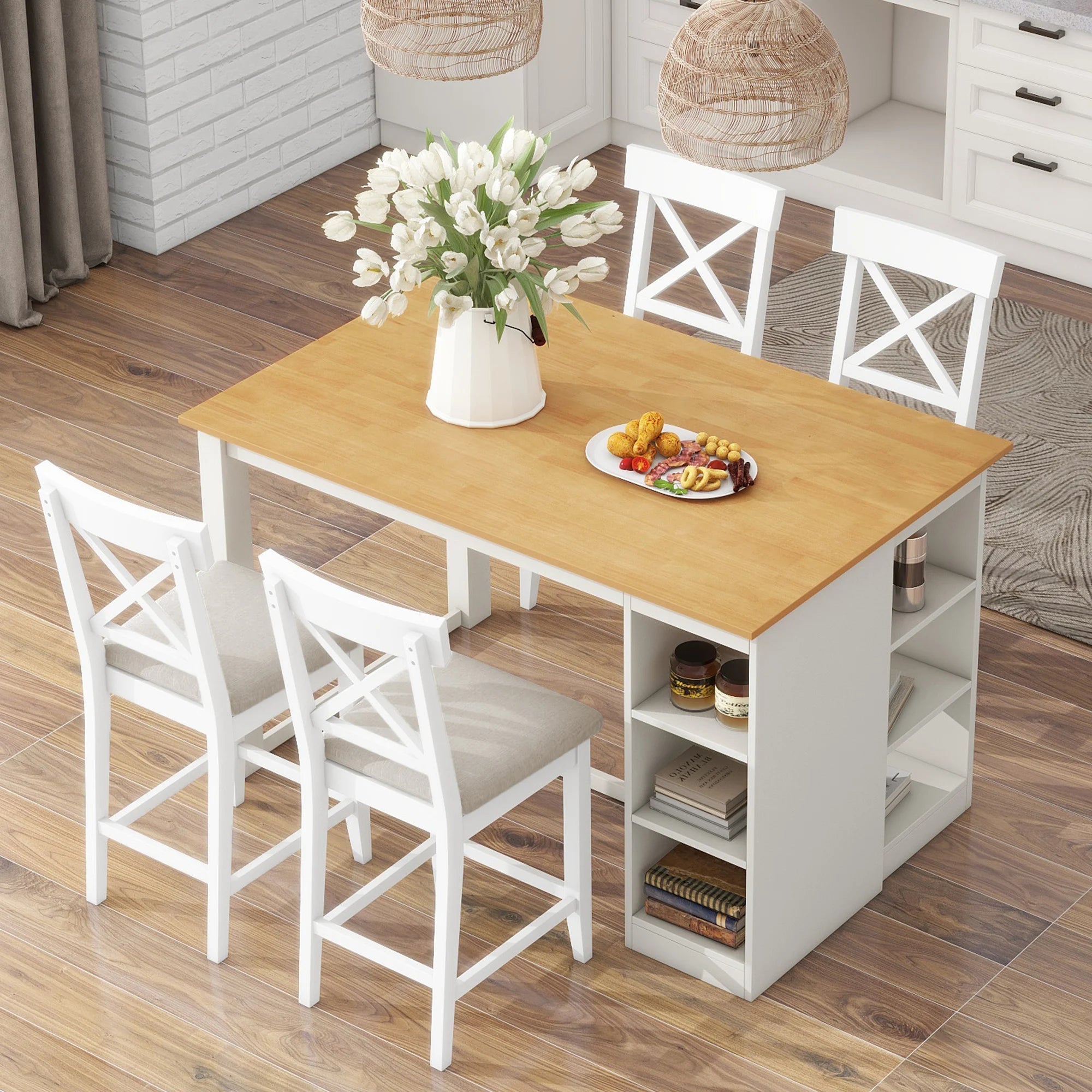 White Solid Wood 5-Piece Dining Set – Counter Height Table with 3-Tier Shelves and 4 Upholstered Chairs