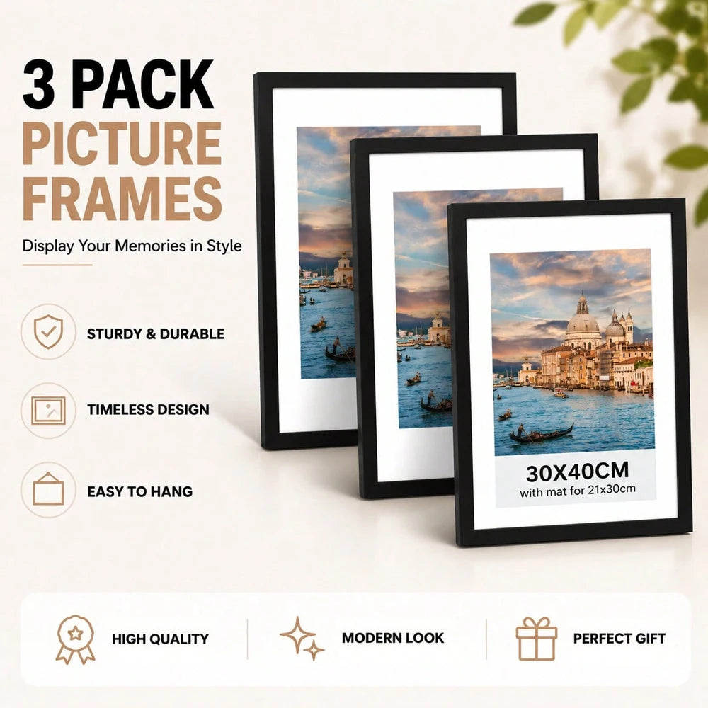 3pcs Black Aluminum Picture Frames Set 30x40cm 40x60cm 50x70cm With Mat, Modern Minimalist Wall Art Frame for Living Room/ Bedroom Office, Canvas Print Poster Display, Lightweight Photo Frames for Home Decor, Easy Mounting Ga
