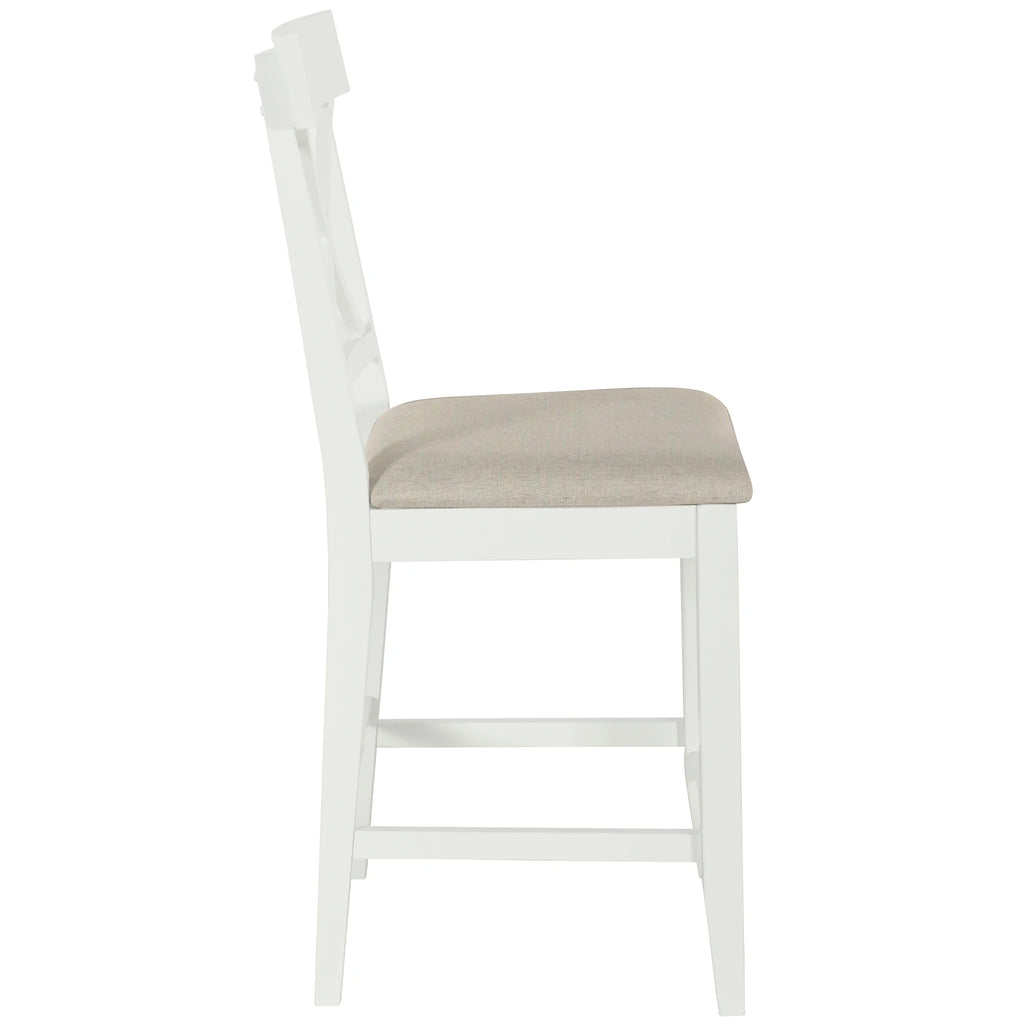 White Solid Wood 5-Piece Dining Set – Counter Height Table with 3-Tier Shelves and 4 Upholstered Chairs