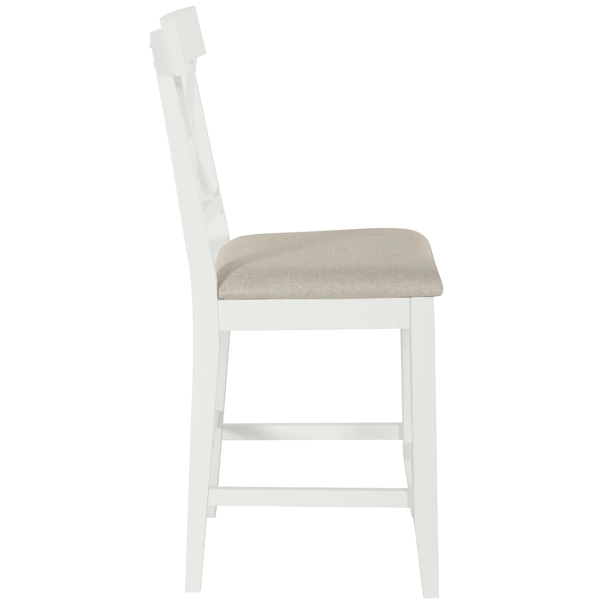 White Solid Wood 5-Piece Dining Set – Counter Height Table with 3-Tier Shelves and 4 Upholstered Chairs