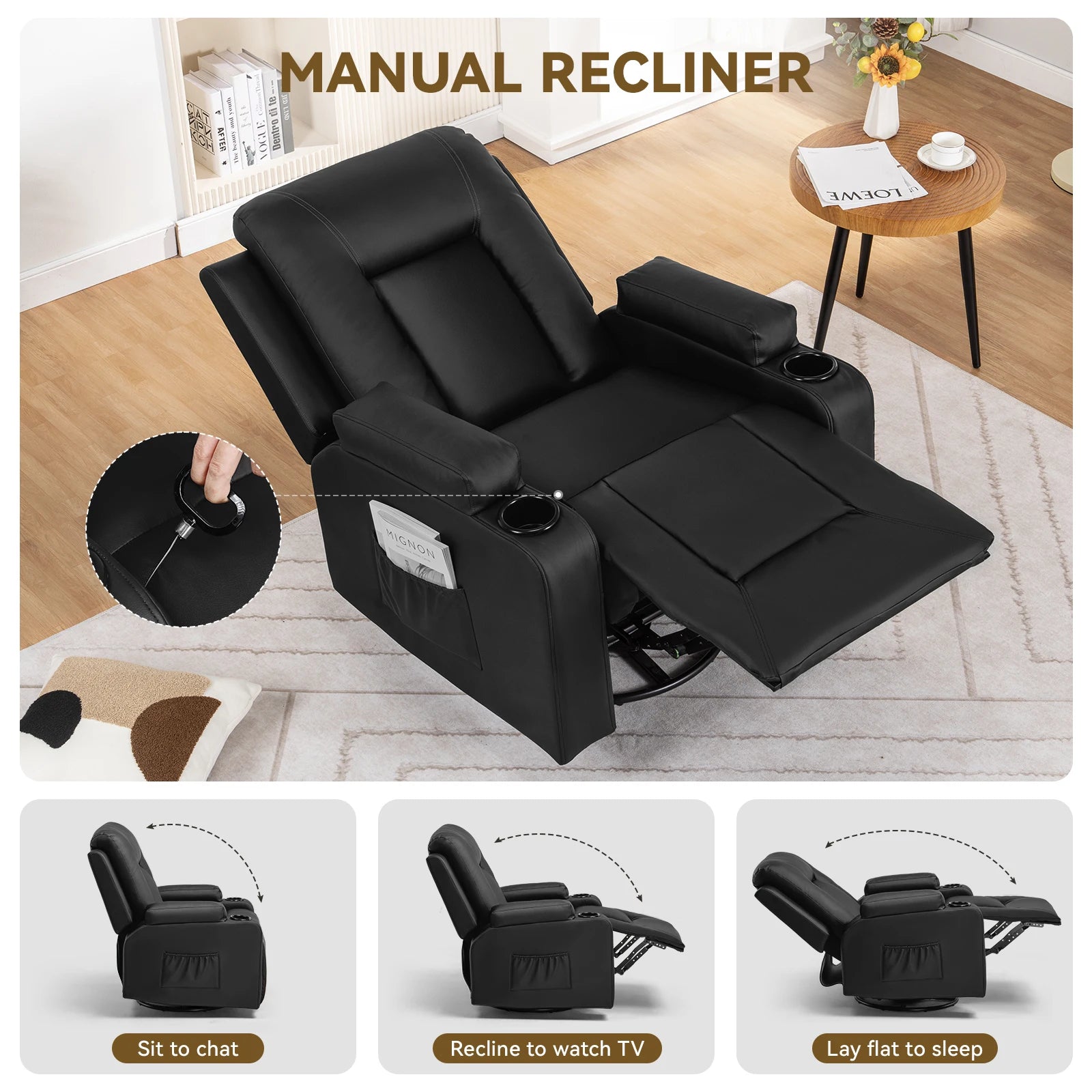 Comhoma Recliner Chair, Pu Rocking Chair for Adults, Swivel Recliner with Cup Holders, Heat and Massage