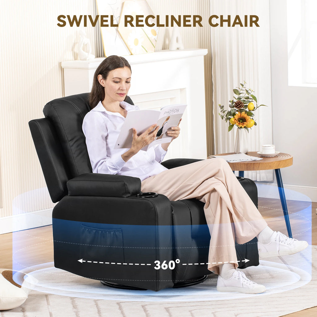 Comhoma Recliner Chair, Pu Rocking Chair for Adults, Swivel Recliner with Cup Holders, Heat and Massage