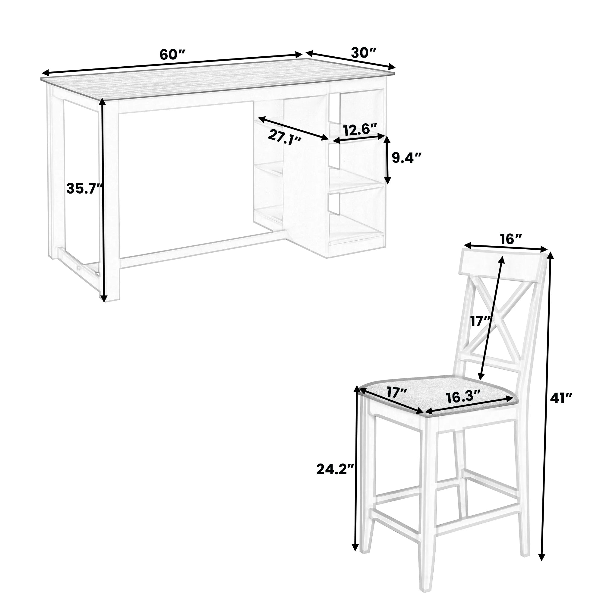 White Solid Wood 5-Piece Dining Set – Counter Height Table with 3-Tier Shelves and 4 Upholstered Chairs