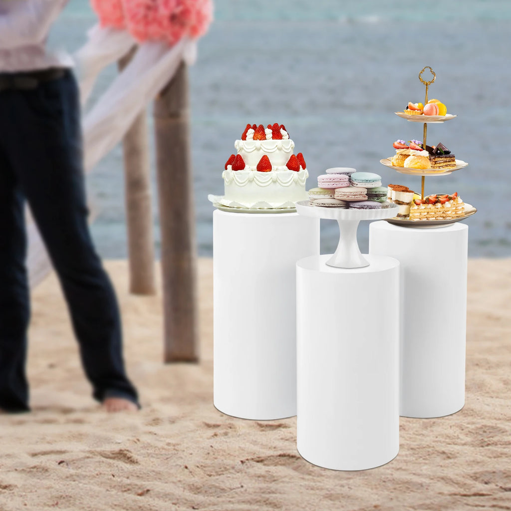 Wedding Centerpieces for Tables, 3-Piece Wedding Cake Cylinder Stands Set, White Decorative Pedestal Displays for Flowers/ Cake