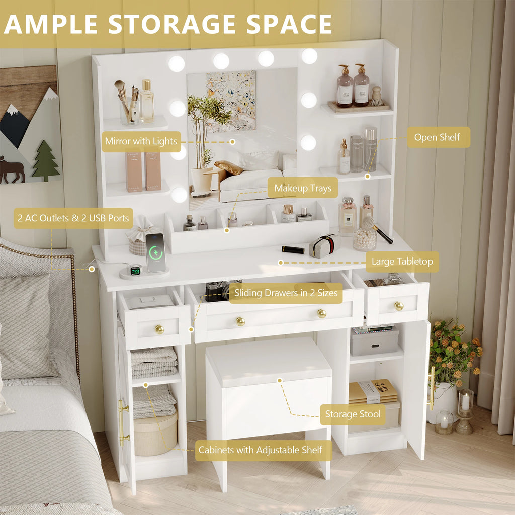 White Vanity Desk Set with Lights, Vanity Table with Charging Station