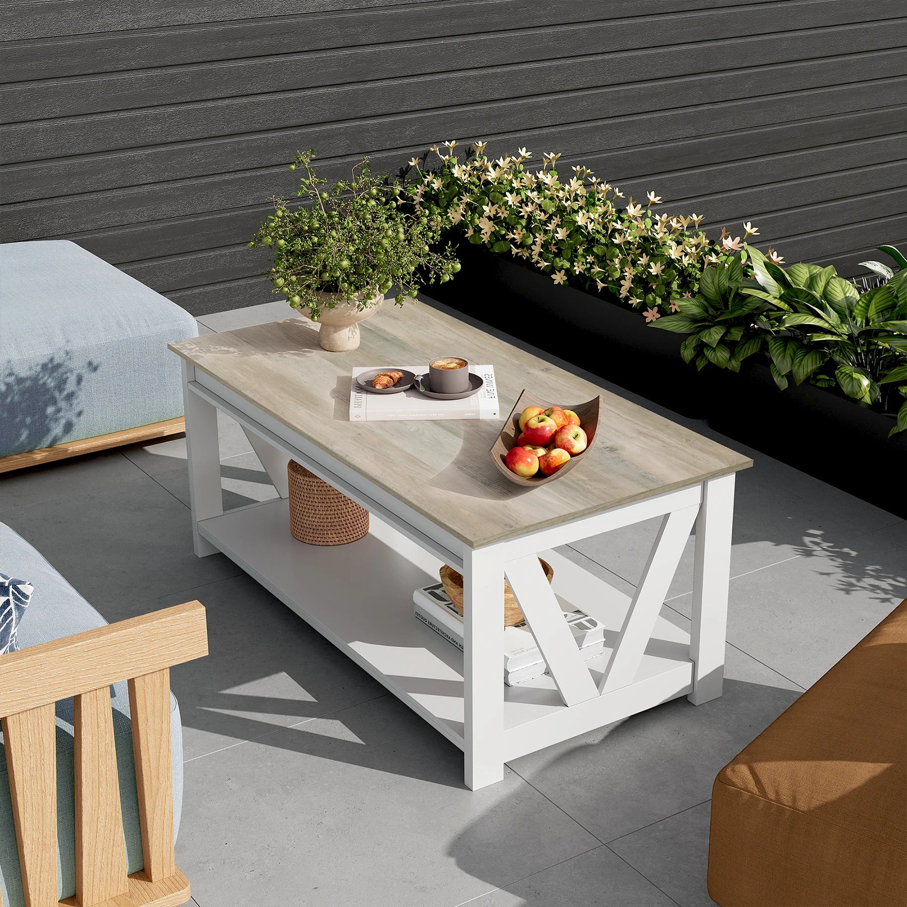 GALAXHERO Coffee Table/ Storage Shelf/ Sturdy V- Shaped Support Farmhouse Wood Center Table for Living Room, Bedroom ,Office ,Balcony