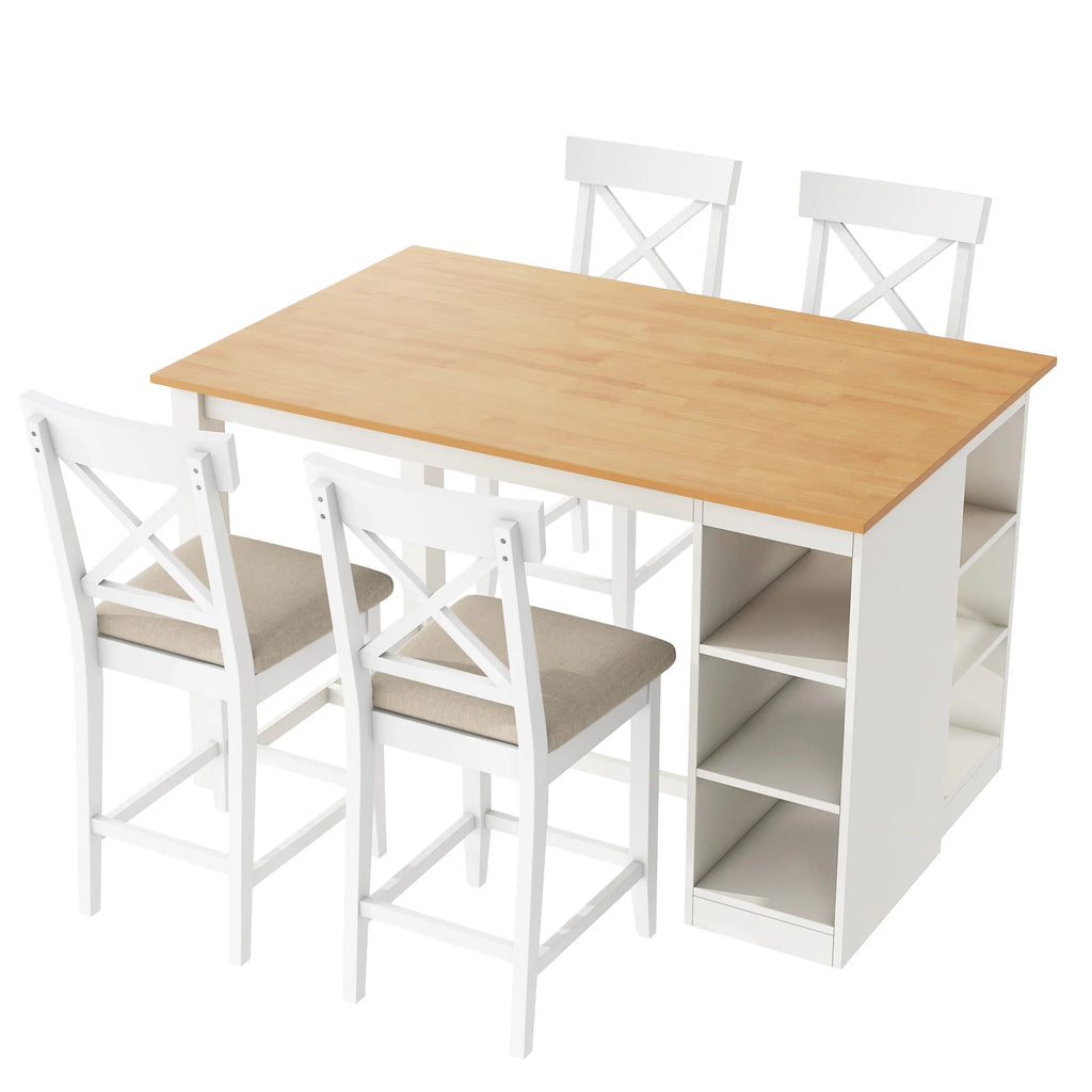 White Solid Wood 5-Piece Dining Set – Counter Height Table with 3-Tier Shelves and 4 Upholstered Chairs