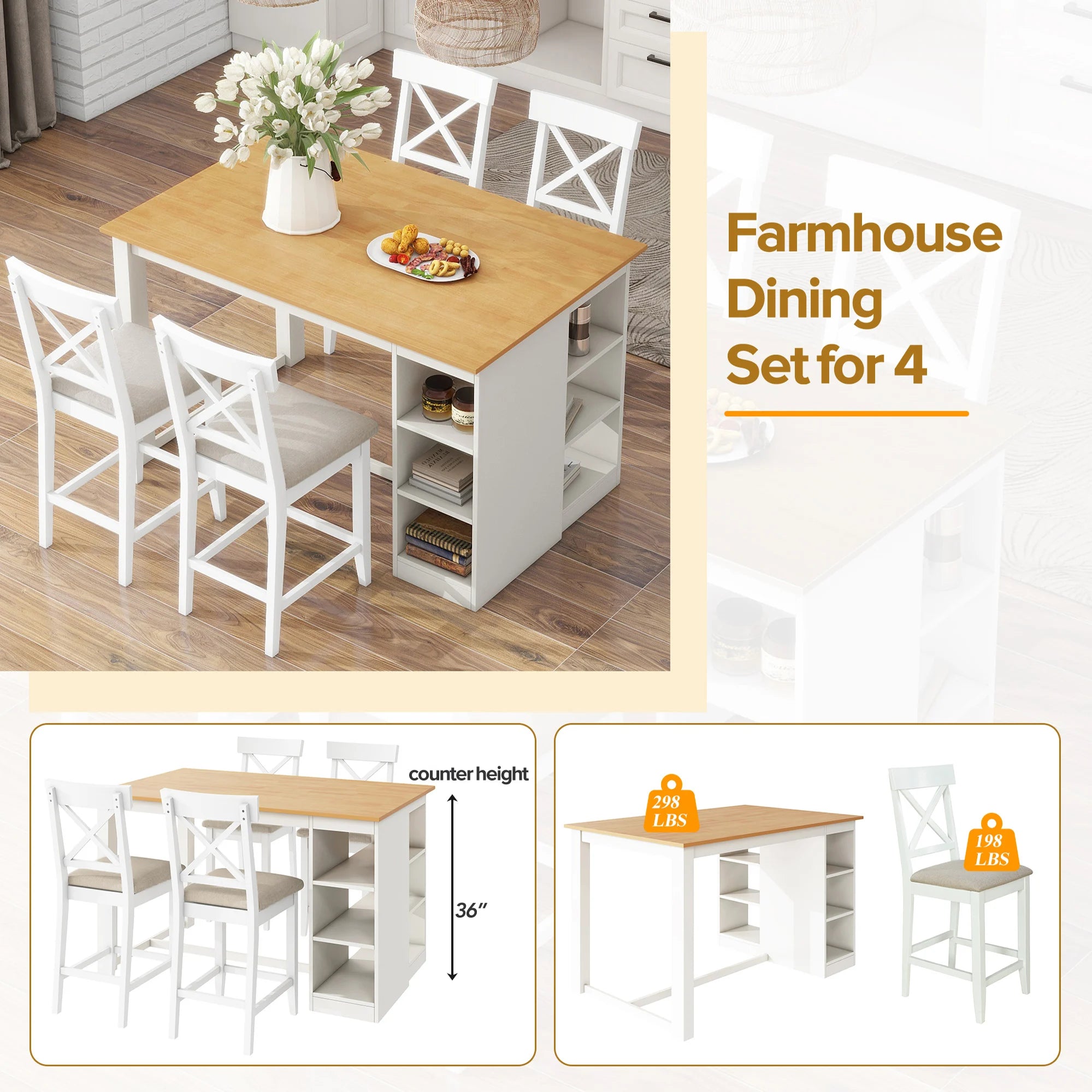 White Solid Wood 5-Piece Dining Set – Counter Height Table with 3-Tier Shelves and 4 Upholstered Chairs