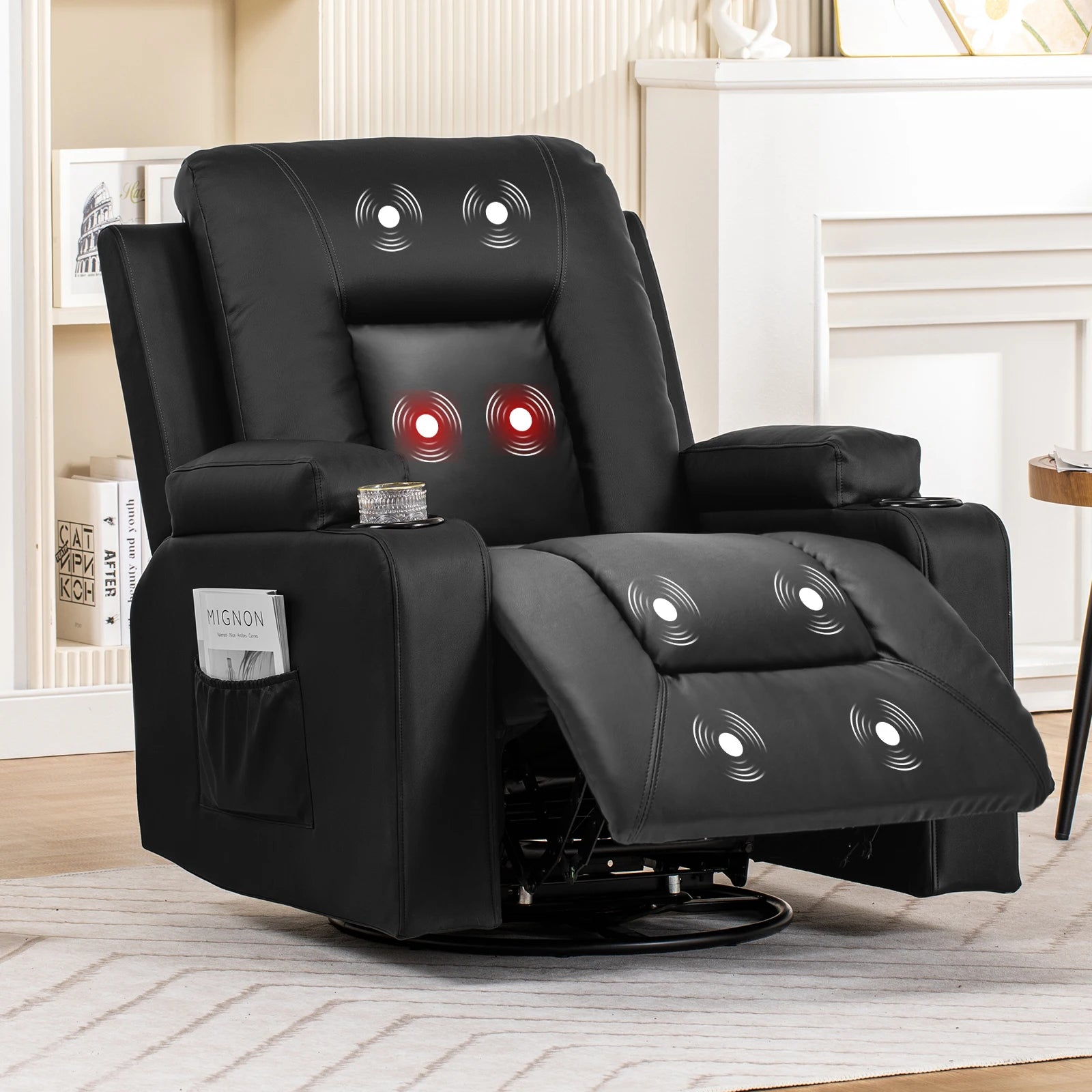 Comhoma Recliner Chair, Pu Rocking Chair for Adults, Swivel Recliner with Cup Holders, Heat and Massage