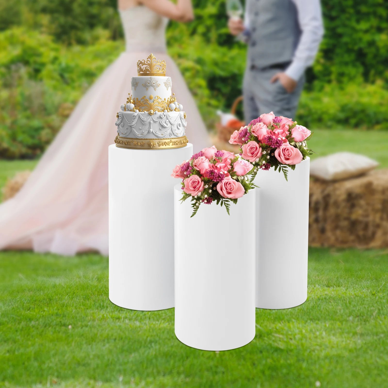 Wedding Centerpieces for Tables, 3-Piece Wedding Cake Cylinder Stands Set, White Decorative Pedestal Displays for Flowers/ Cake