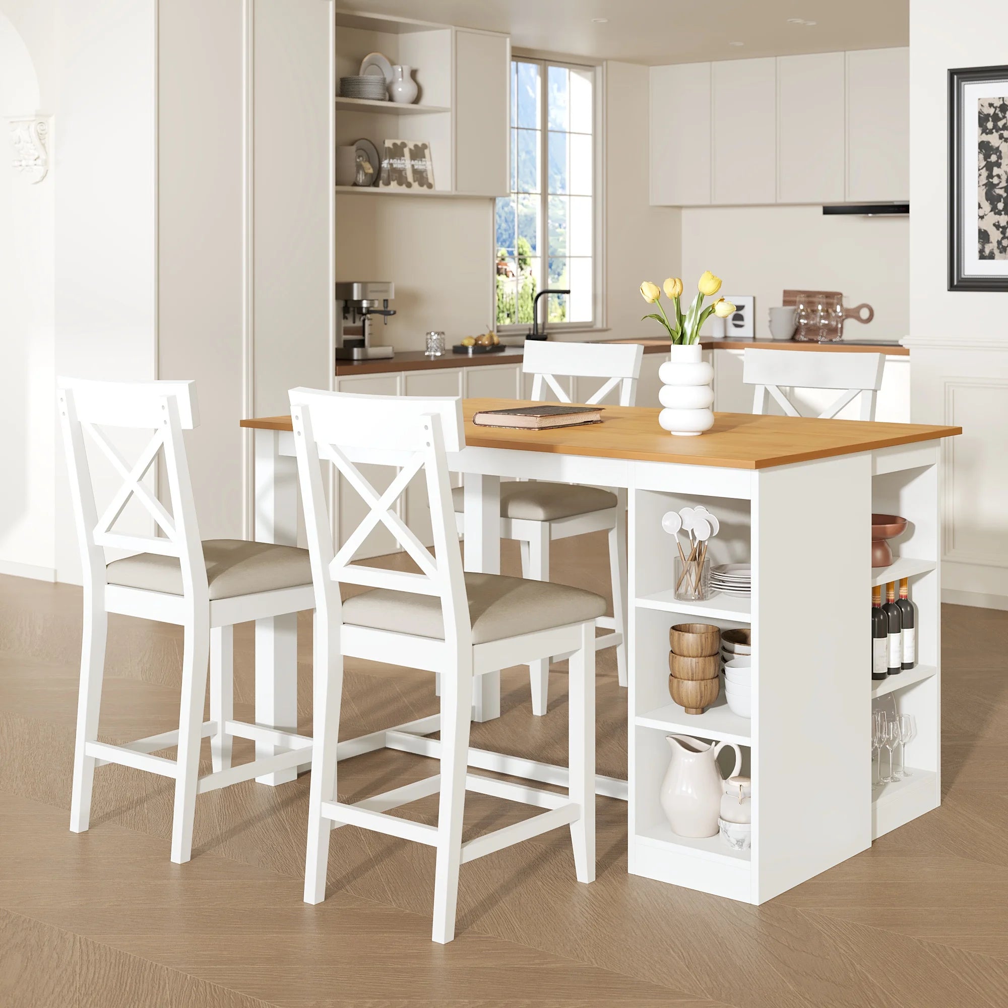 White Solid Wood 5-Piece Dining Set – Counter Height Table with 3-Tier Shelves and 4 Upholstered Chairs
