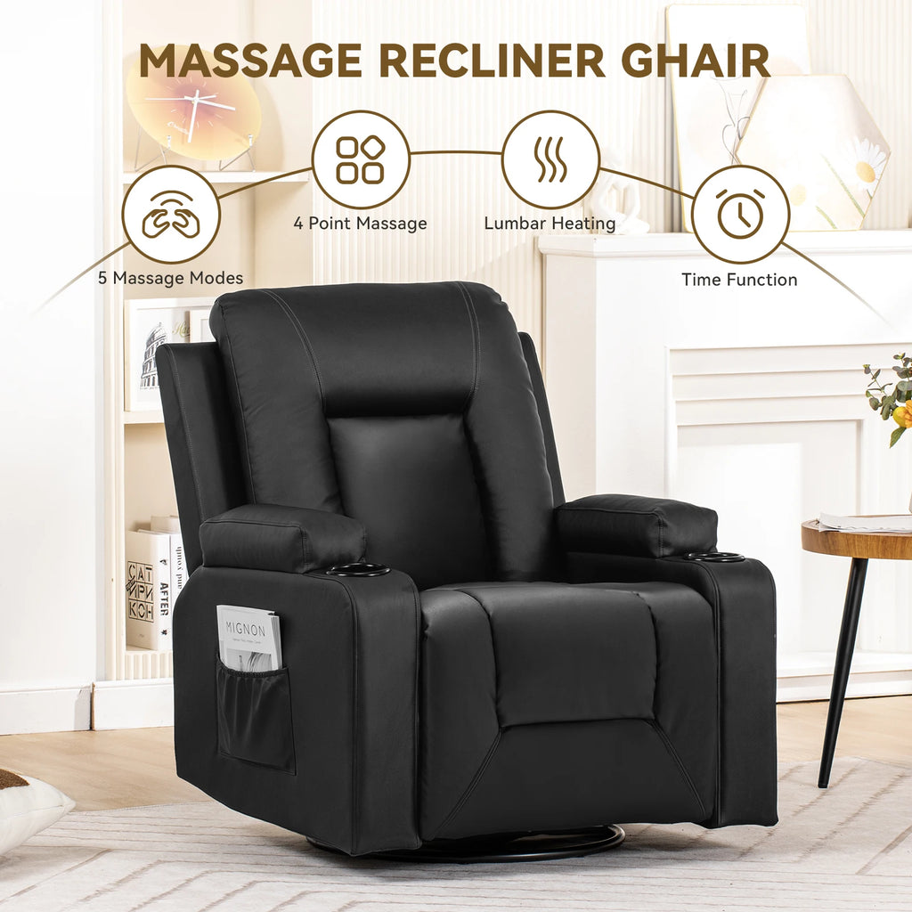 Comhoma Recliner Chair, Pu Rocking Chair for Adults, Swivel Recliner with Cup Holders, Heat and Massage