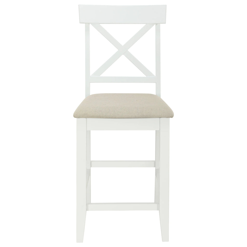 White Solid Wood 5-Piece Dining Set – Counter Height Table with 3-Tier Shelves and 4 Upholstered Chairs