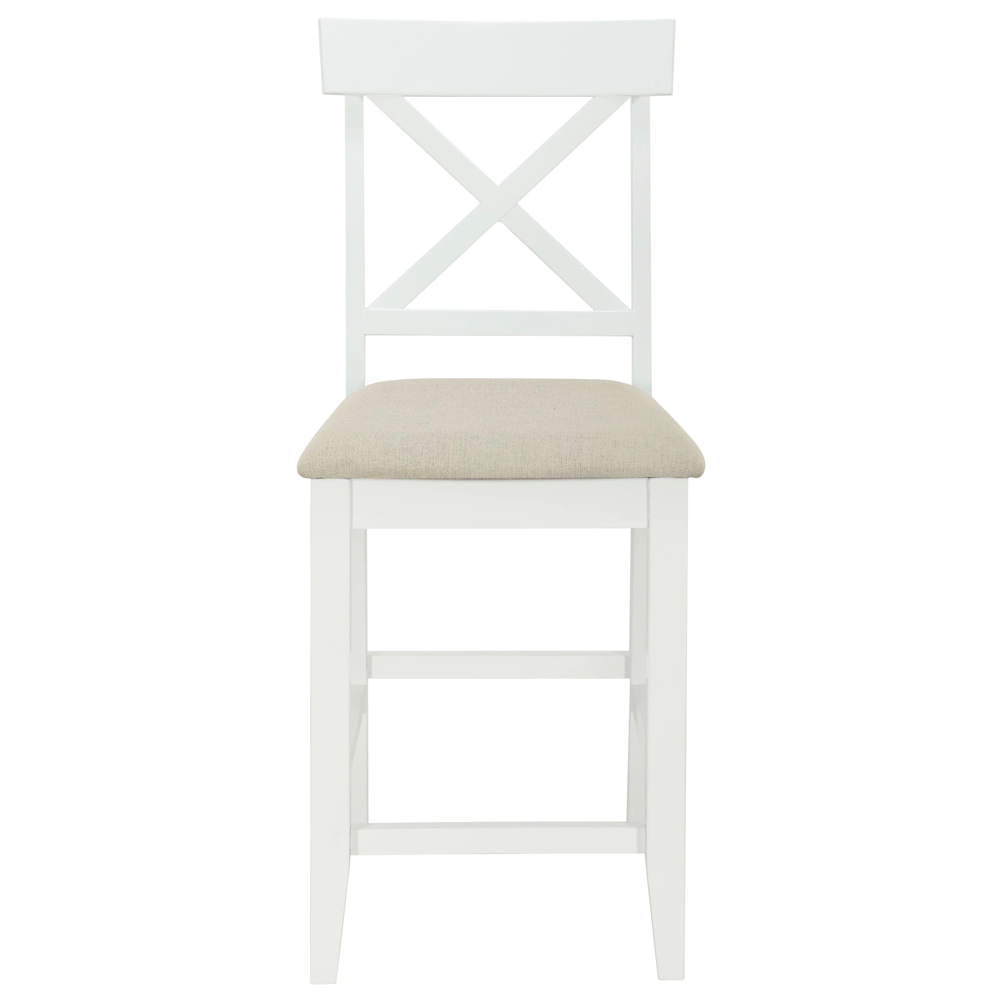 White Solid Wood 5-Piece Dining Set – Counter Height Table with 3-Tier Shelves and 4 Upholstered Chairs