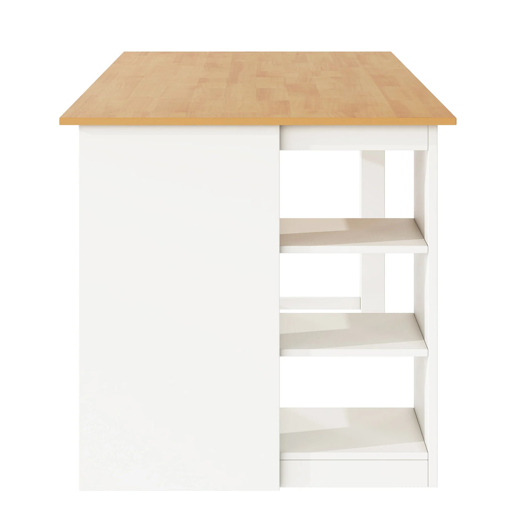White Solid Wood 5-Piece Dining Set – Counter Height Table with 3-Tier Shelves and 4 Upholstered Chairs