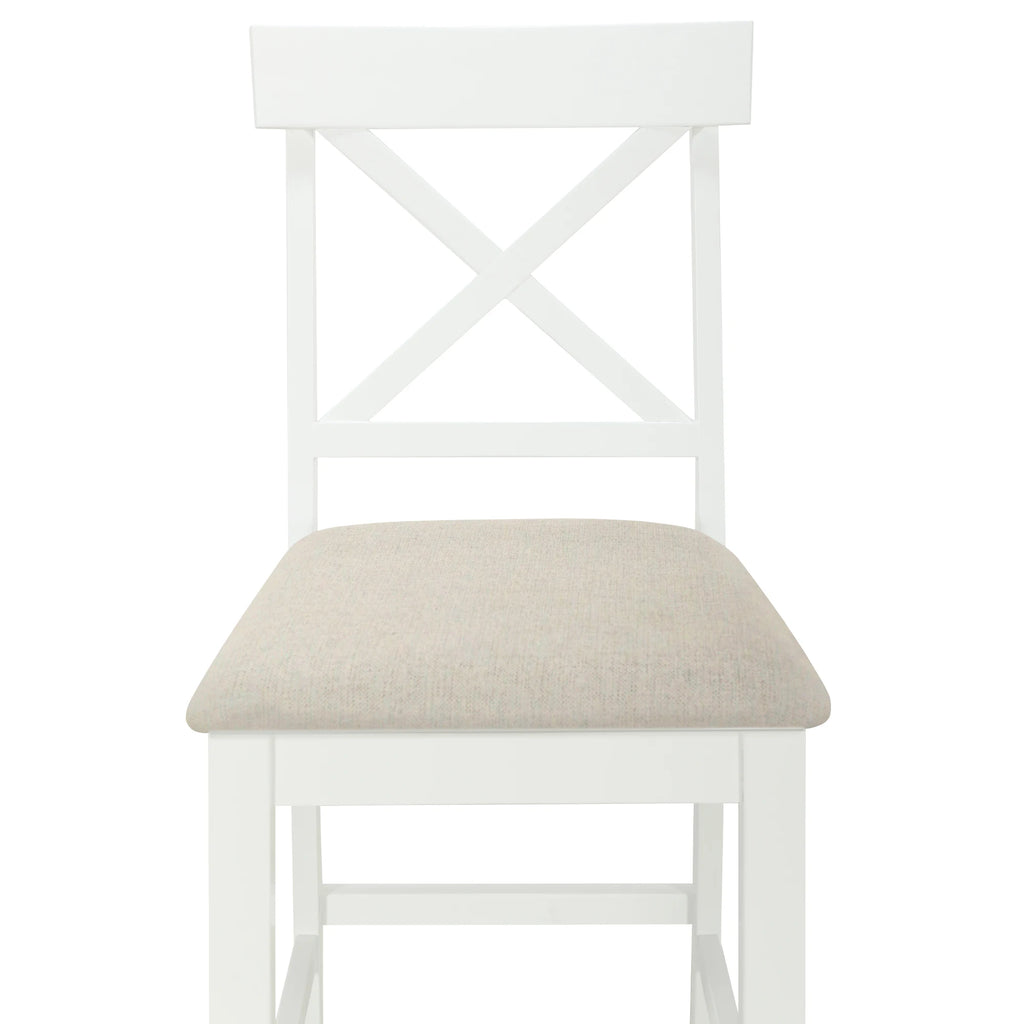 White Solid Wood 5-Piece Dining Set – Counter Height Table with 3-Tier Shelves and 4 Upholstered Chairs
