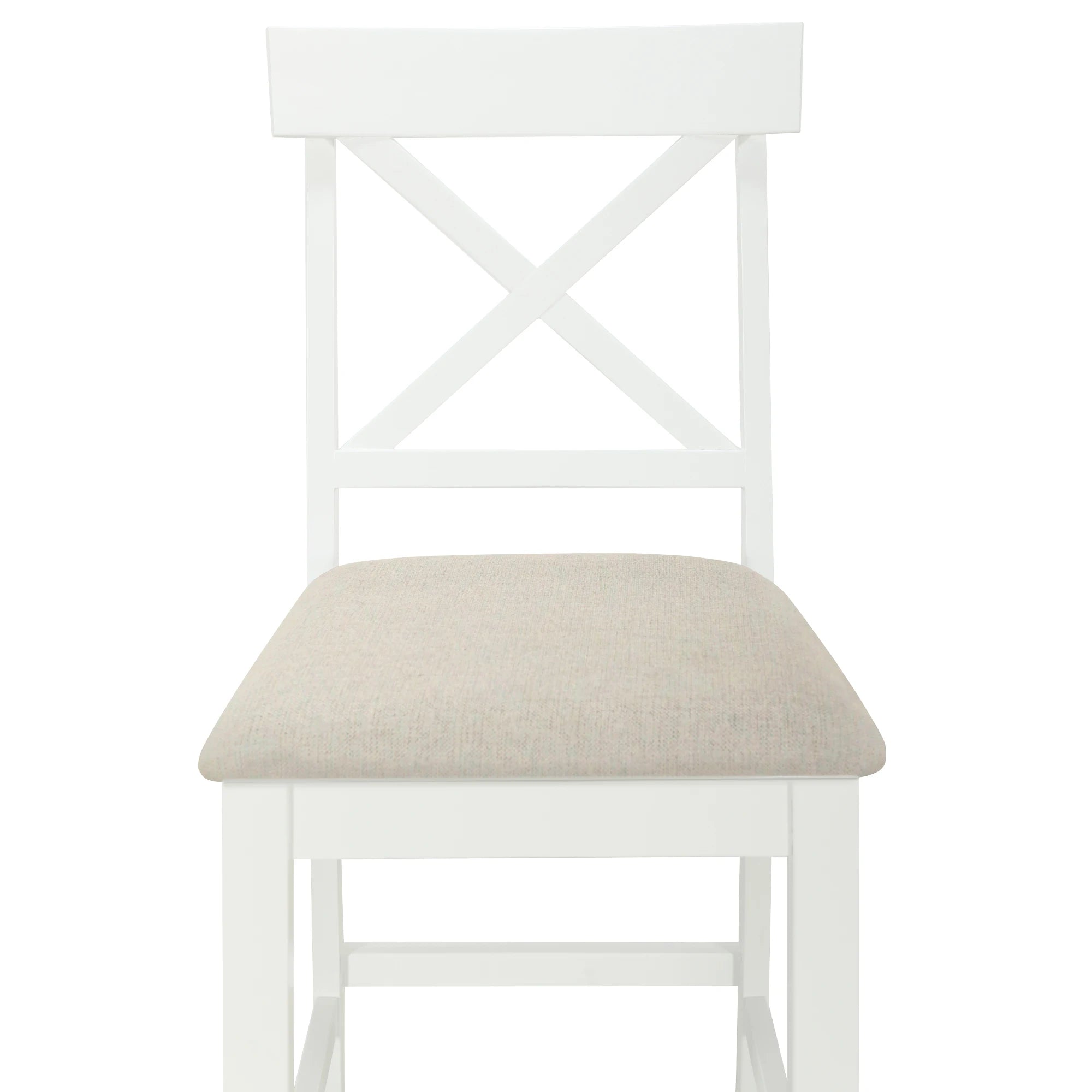 White Solid Wood 5-Piece Dining Set – Counter Height Table with 3-Tier Shelves and 4 Upholstered Chairs