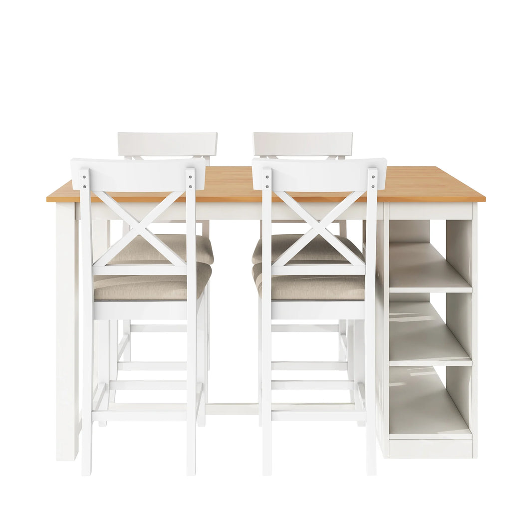 White Solid Wood 5-Piece Dining Set – Counter Height Table with 3-Tier Shelves and 4 Upholstered Chairs