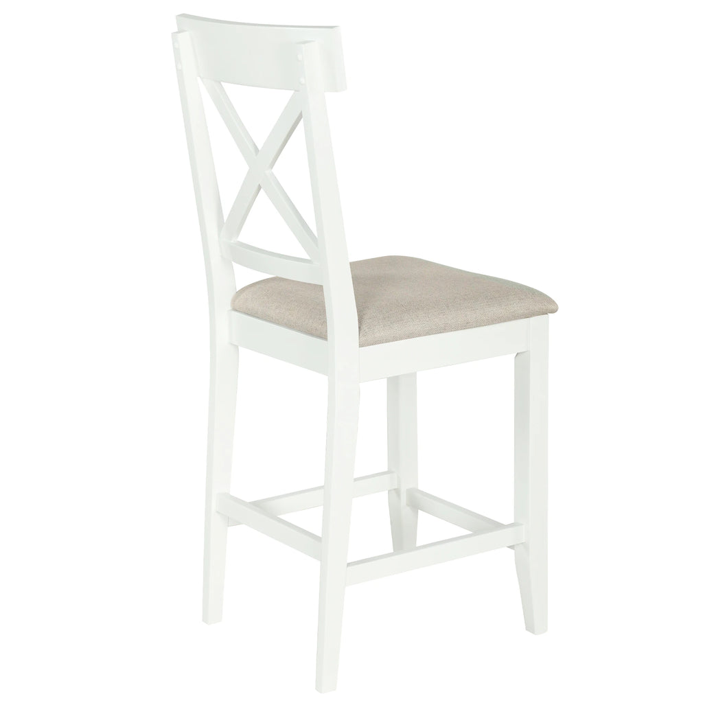 White Solid Wood 5-Piece Dining Set – Counter Height Table with 3-Tier Shelves and 4 Upholstered Chairs