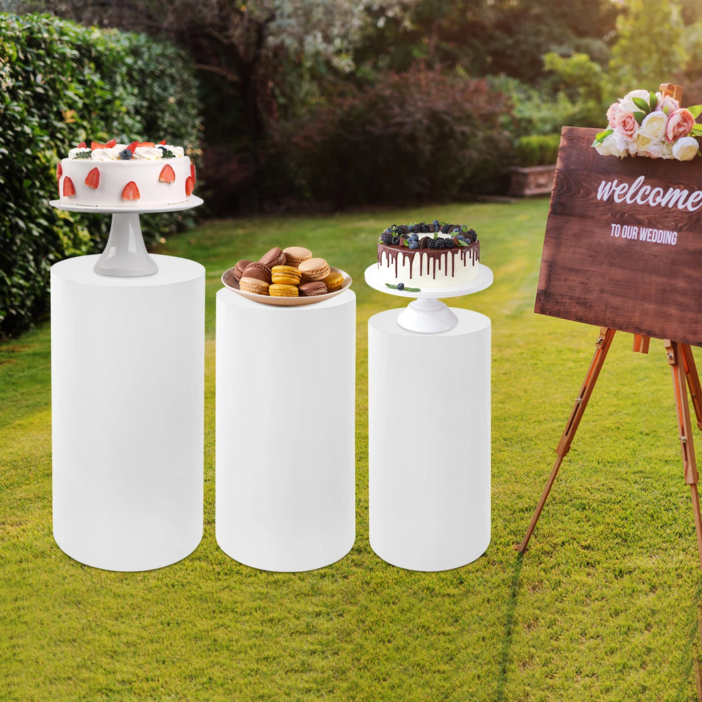 Wedding Centerpieces for Tables, 3-Piece Wedding Cake Cylinder Stands Set, White Decorative Pedestal Displays for Flowers/ Cake