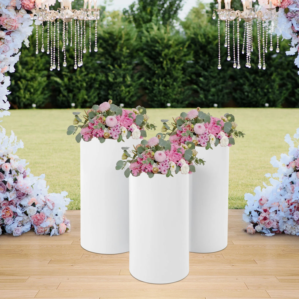Wedding Centerpieces for Tables, 3-Piece Wedding Cake Cylinder Stands Set, White Decorative Pedestal Displays for Flowers/ Cake