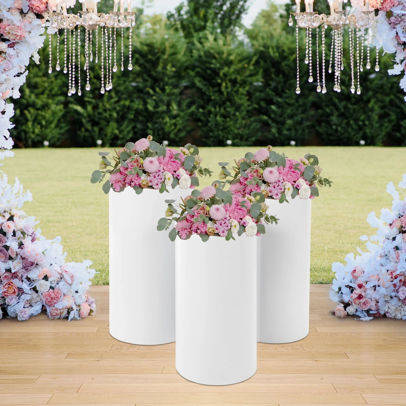 Wedding Centerpieces for Tables, 3-Piece Wedding Cake Cylinder Stands Set, White Decorative Pedestal Displays for Flowers/ Cake
