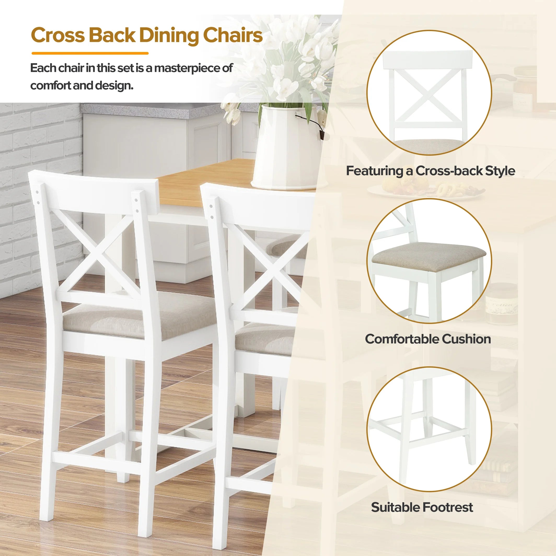 White Solid Wood 5-Piece Dining Set – Counter Height Table with 3-Tier Shelves and 4 Upholstered Chairs