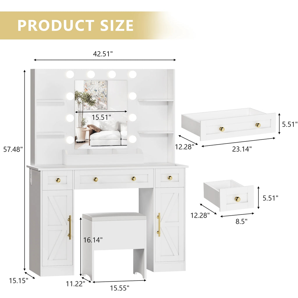 White Vanity Desk Set with Lights, Vanity Table with Charging Station