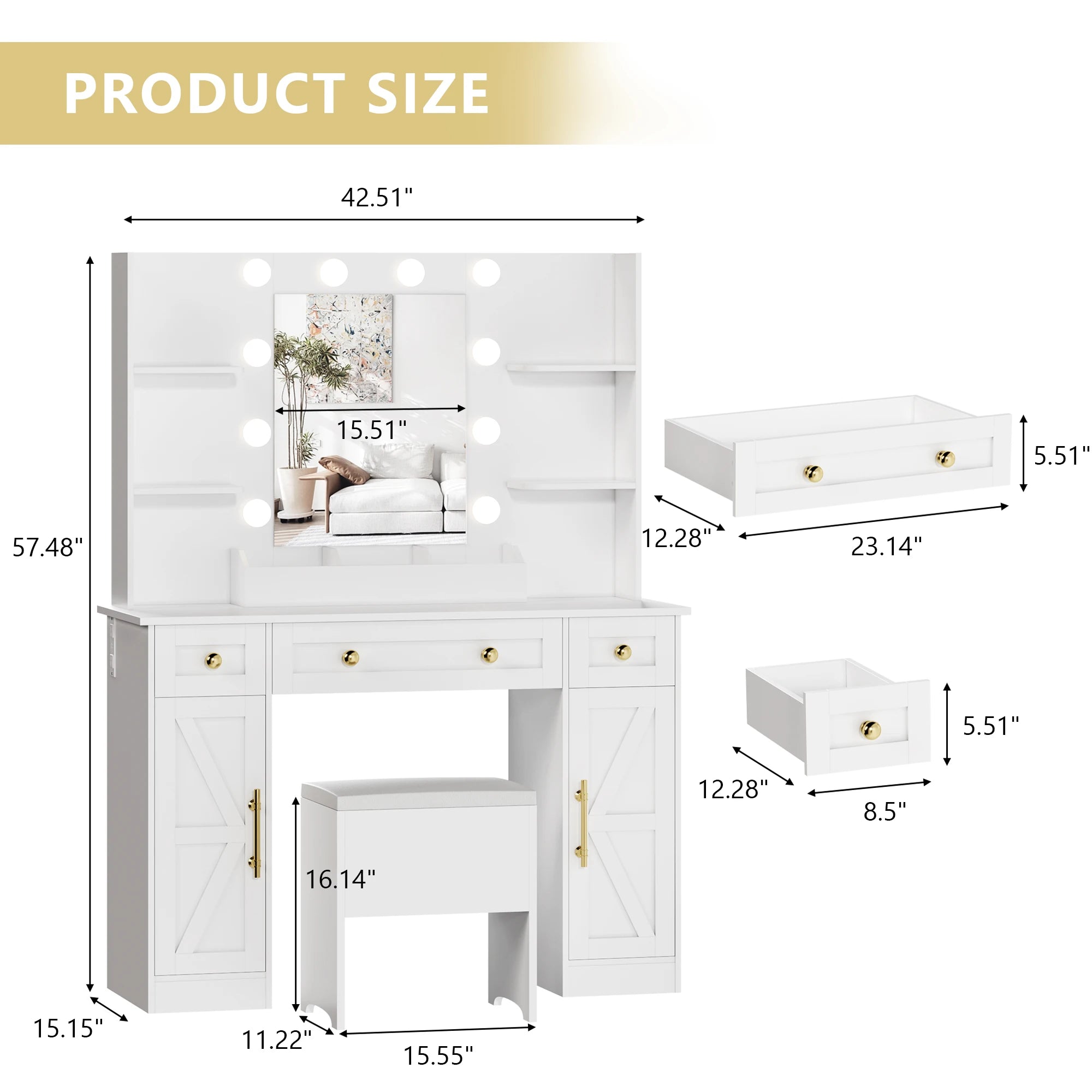 White Vanity Desk Set with Lights, Vanity Table with Charging Station
