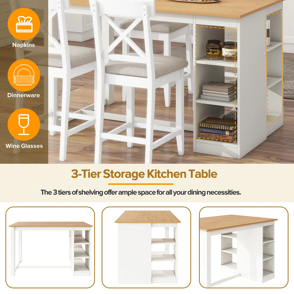 White Solid Wood 5-Piece Dining Set – Counter Height Table with 3-Tier Shelves and 4 Upholstered Chairs