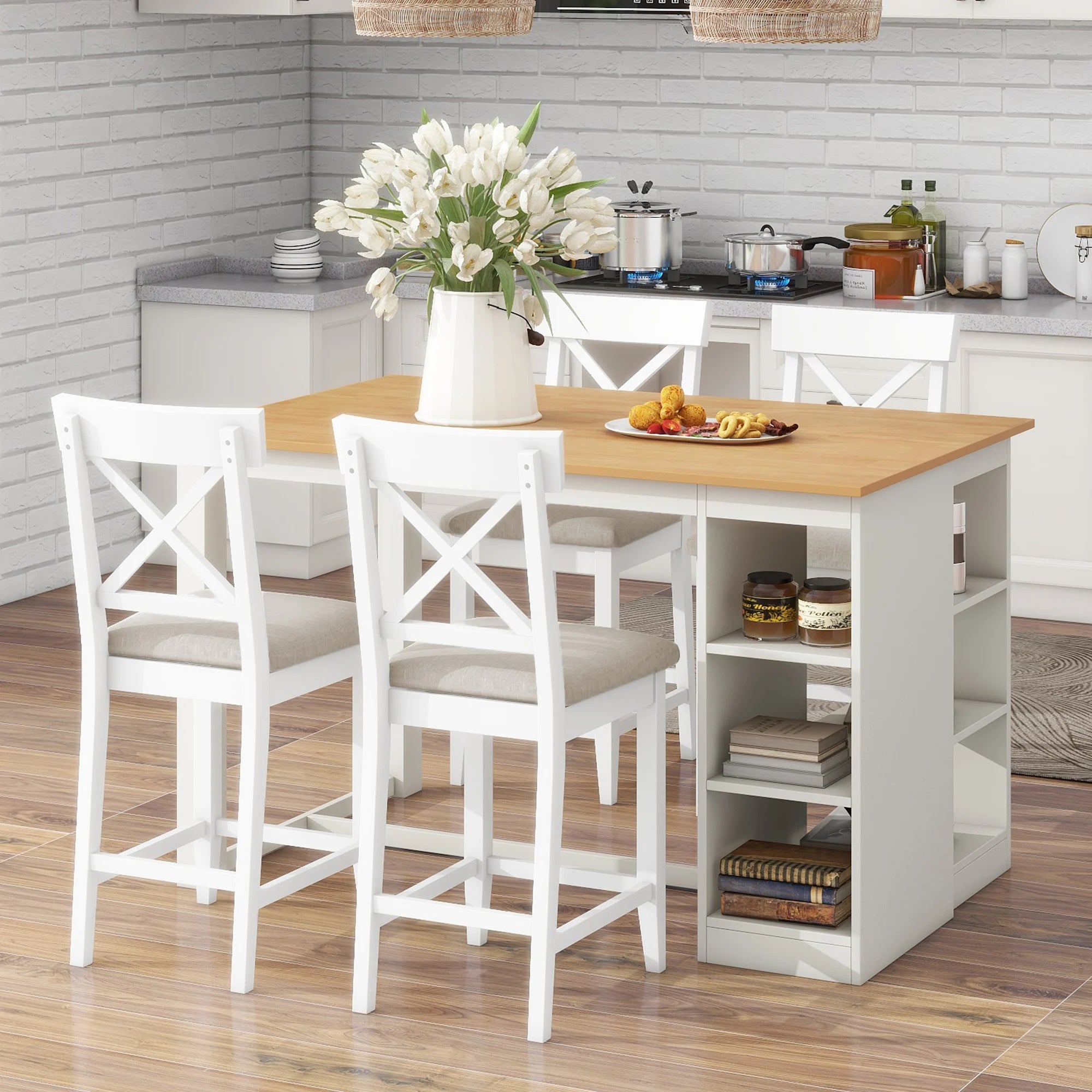 White Solid Wood 5-Piece Dining Set – Counter Height Table with 3-Tier Shelves and 4 Upholstered Chairs
