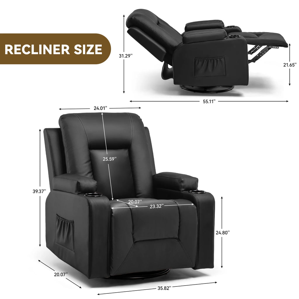 Comhoma Recliner Chair, Pu Rocking Chair for Adults, Swivel Recliner with Cup Holders, Heat and Massage