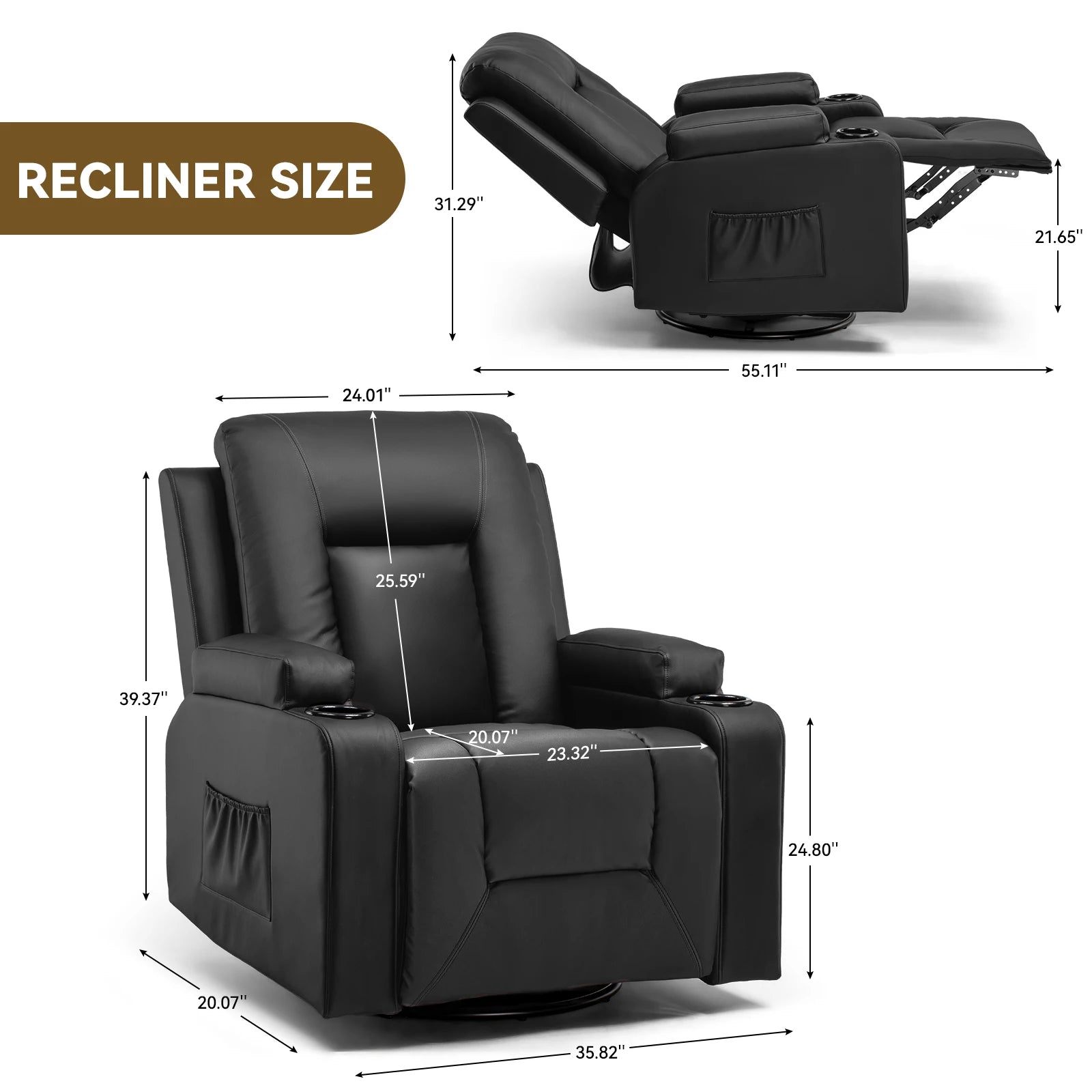 Comhoma Recliner Chair, Pu Rocking Chair for Adults, Swivel Recliner with Cup Holders, Heat and Massage
