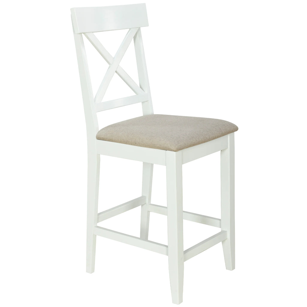 White Solid Wood 5-Piece Dining Set – Counter Height Table with 3-Tier Shelves and 4 Upholstered Chairs