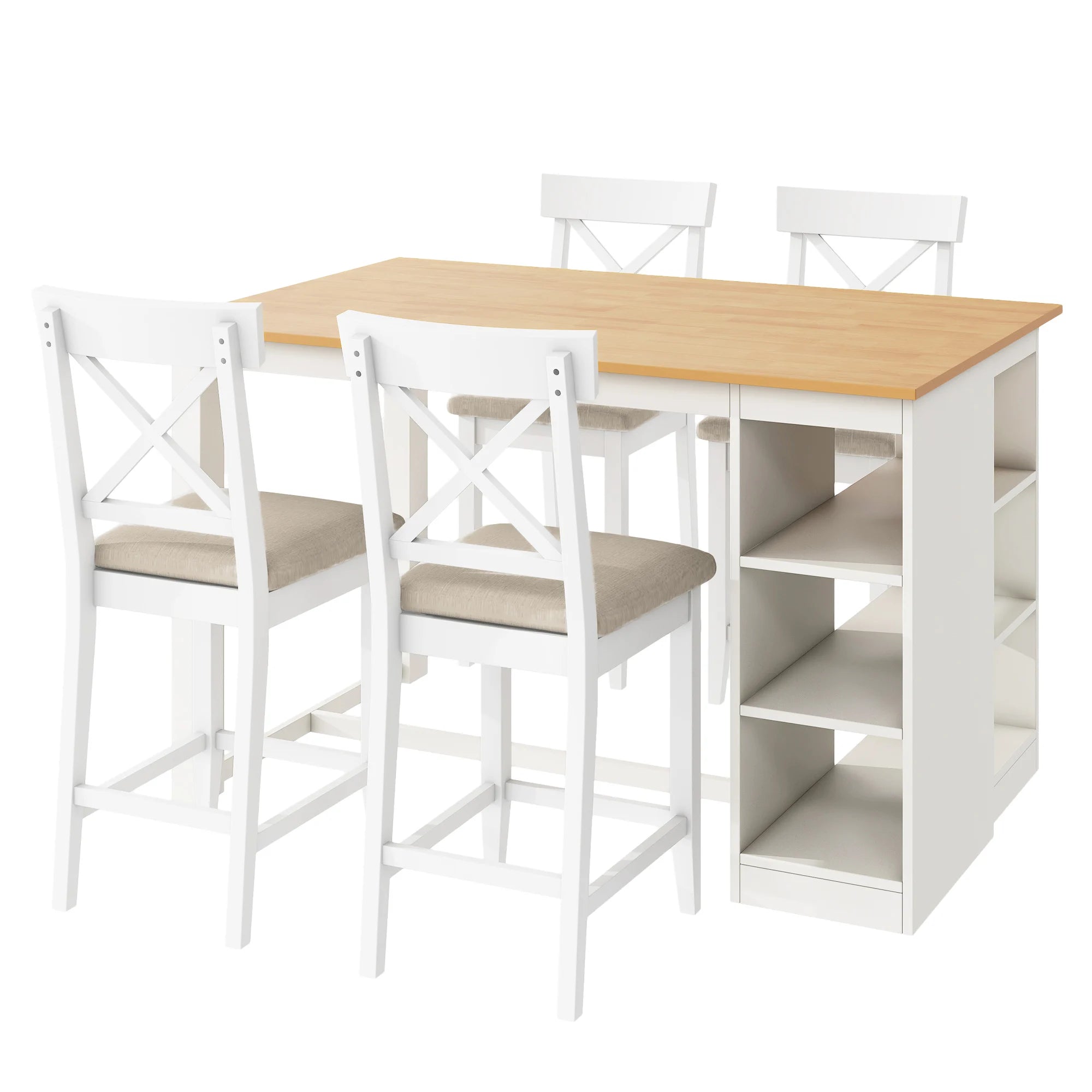White Solid Wood 5-Piece Dining Set – Counter Height Table with 3-Tier Shelves and 4 Upholstered Chairs