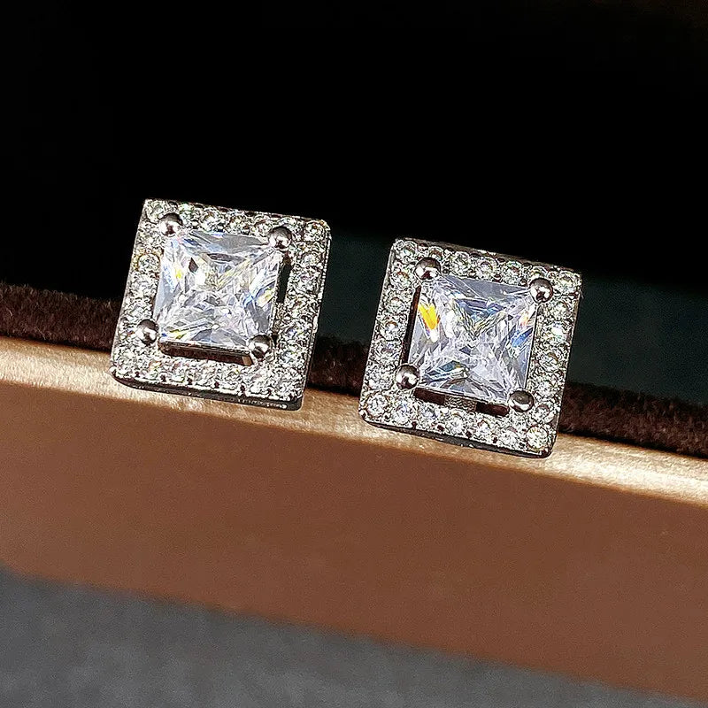 Simple Square Ear Piercing Stud Earrings Women AAA White Cubic Zirconia Fashion Versatile Female Jewelry Drop Shipping