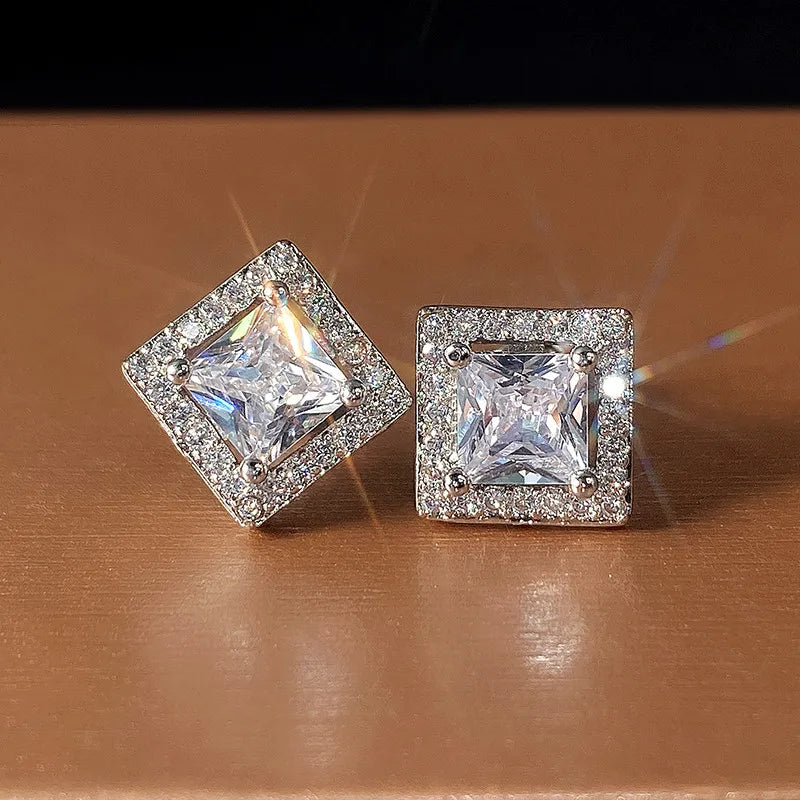 Simple Square Ear Piercing Stud Earrings Women AAA White Cubic Zirconia Fashion Versatile Female Jewelry Drop Shipping
