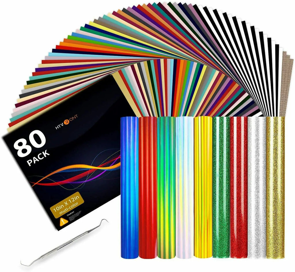80 Pack 12' X 10' HTV Heat Transfer Vinyl Bundle Iron on Vinyl for T-Shirt for Cricut/ Heat Press/ Cloth Printing