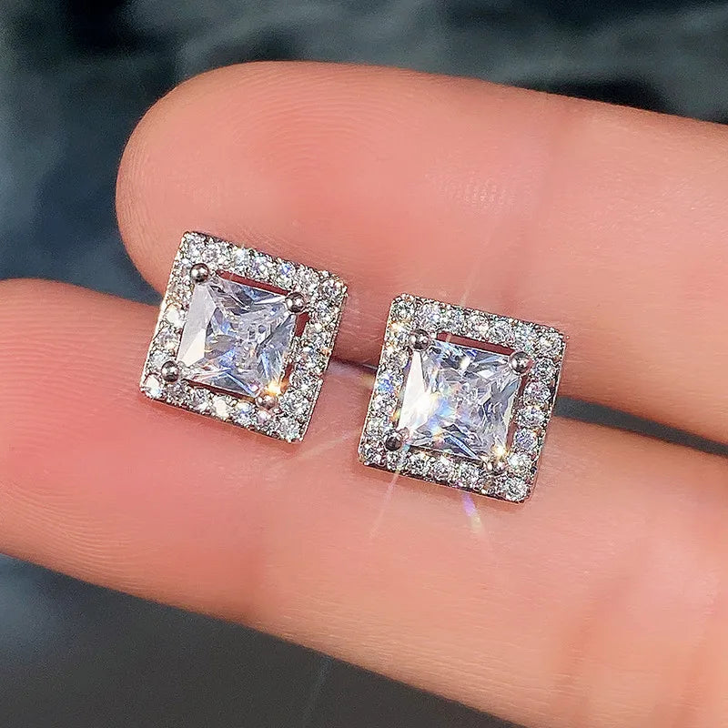 Simple Square Ear Piercing Stud Earrings Women AAA White Cubic Zirconia Fashion Versatile Female Jewelry Drop Shipping