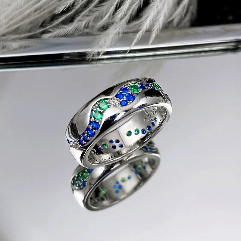 Paved Green/Blue CZ Band Rings for Women High Quality Silver Color Elegant Lady's Finger Ring Trendy Jewelry Drop Ship
