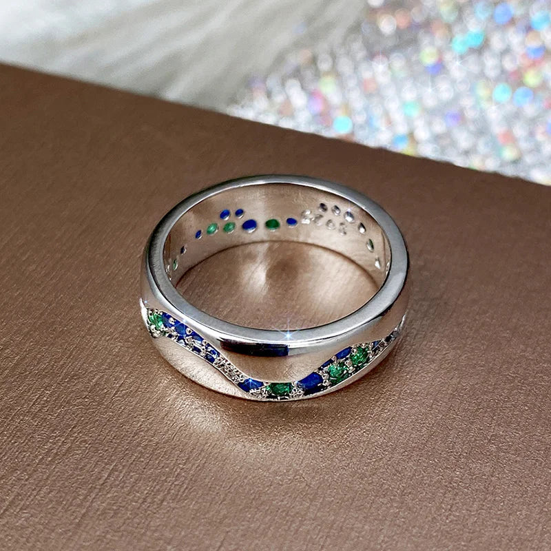 Paved Green/Blue CZ Band Rings for Women High Quality Silver Color Elegant Lady's Finger Ring Trendy Jewelry Drop Ship