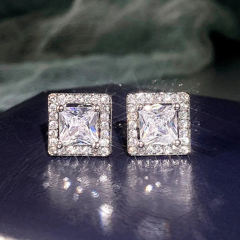 Simple Square Ear Piercing Stud Earrings Women AAA White Cubic Zirconia Fashion Versatile Female Jewelry Drop Shipping