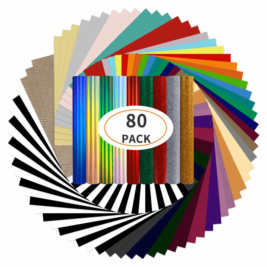 80 Pack 12' X 10' HTV Heat Transfer Vinyl Bundle Iron on Vinyl for T-Shirt for Cricut/ Heat Press/ Cloth Printing