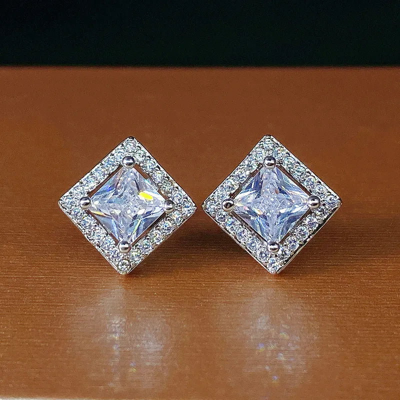 Simple Square Ear Piercing Stud Earrings Women AAA White Cubic Zirconia Fashion Versatile Female Jewelry Drop Shipping
